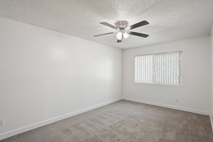 Bright, airy room with plush carpeting, elegant ceiling fan, and large window for natural light.