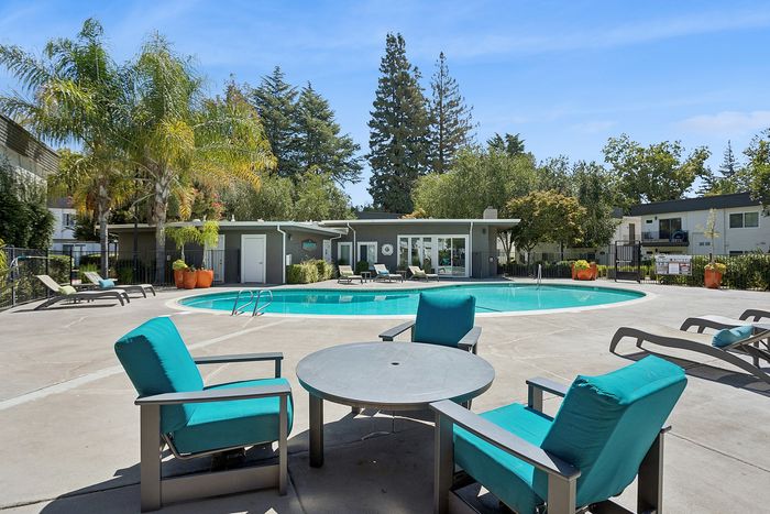 Inviting pool area with lush greenery, modern seating, and stylish lounge chairs under a clear blue sky.