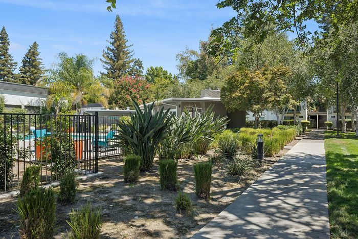 Beautiful landscaped garden pathway leading to a modern community pool area, surrounded by lush greenery and tall trees.