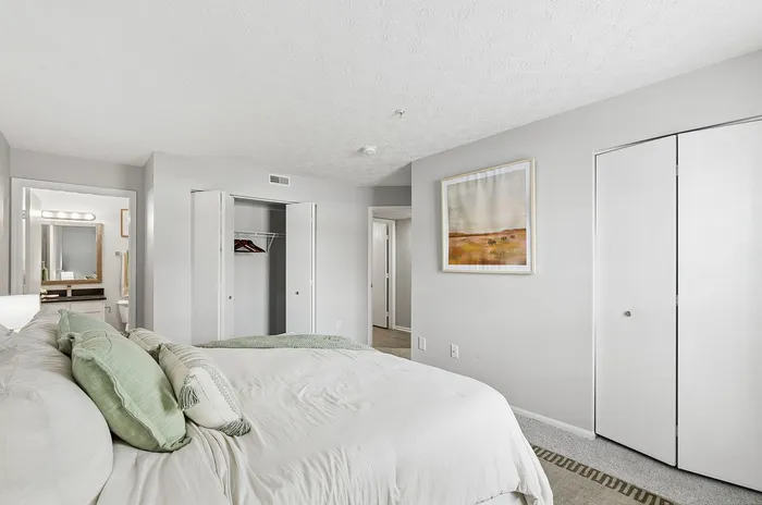 Bright and airy bedroom with a plush bed, soft green accents, and modern closet design.