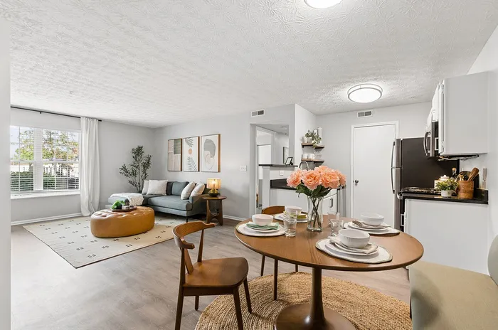 Bright and welcoming apartment featuring a chic open-concept living and dining area with modern decor and a sleek kitchen.