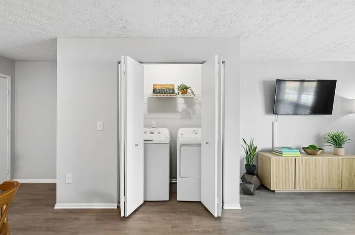 Modern apartment interior featuring a neatly organized laundry nook with washer and dryer, stylish wall-mounted TV, and decorative plants for a cozy living space.