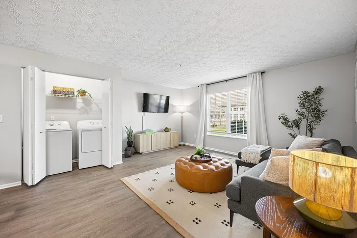 Chic apartment living room with elegant decor, cozy seating, and in-suite laundry area for modern convenience.
