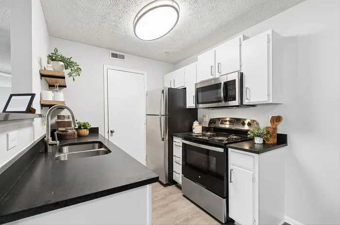 Modern kitchen with sleek stainless steel appliances, contemporary black countertops, and elegant shelving accents.