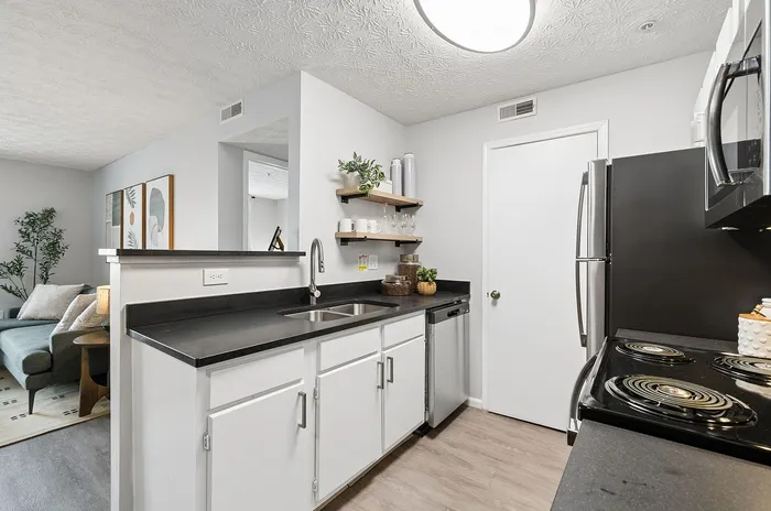 Contemporary kitchen with sleek black countertops, stainless steel appliances, and open shelving in a stylish open-plan apartment.