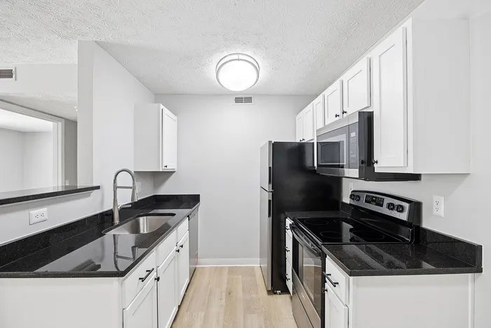 Modern kitchen with sleek black countertops, white cabinetry, and stainless steel appliances for a contemporary feel.