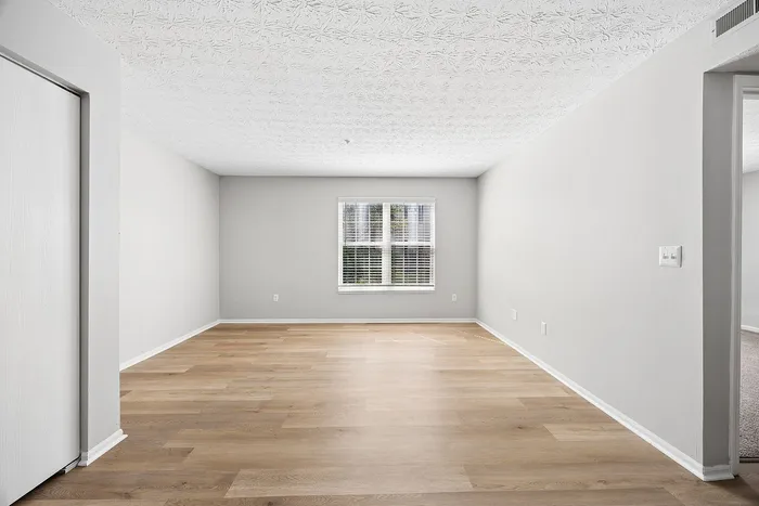 Bright and spacious living room with elegant hardwood floors, textured ceiling, and large window for natural light.