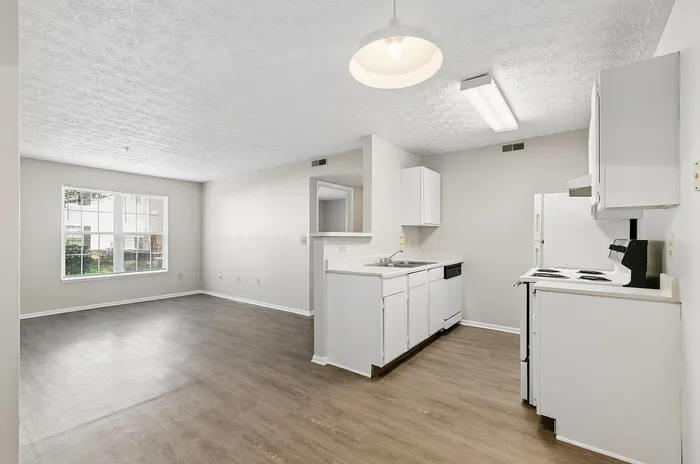 Bright, open-plan living space showcasing a modern kitchen and large window, perfect for natural light and versatile living.