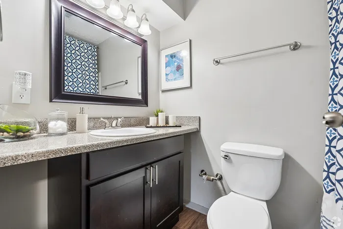 Elegant bathroom with modern vanity, refined mirror, and stylish lighting, featuring chic decor and a patterned shower curtain.