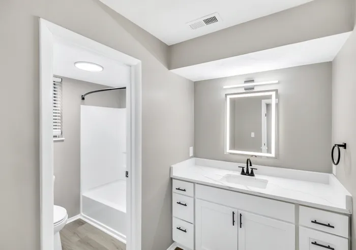 Modern bathroom with sleek vanity, large mirror, and bright lighting, offering a clean and sophisticated atmosphere.