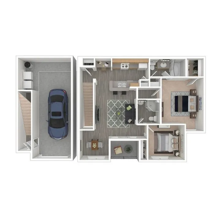 Modern floor plan showcasing 2 bedrooms, an elegant open living area, a sleek kitchen, and a convenient attached garage.