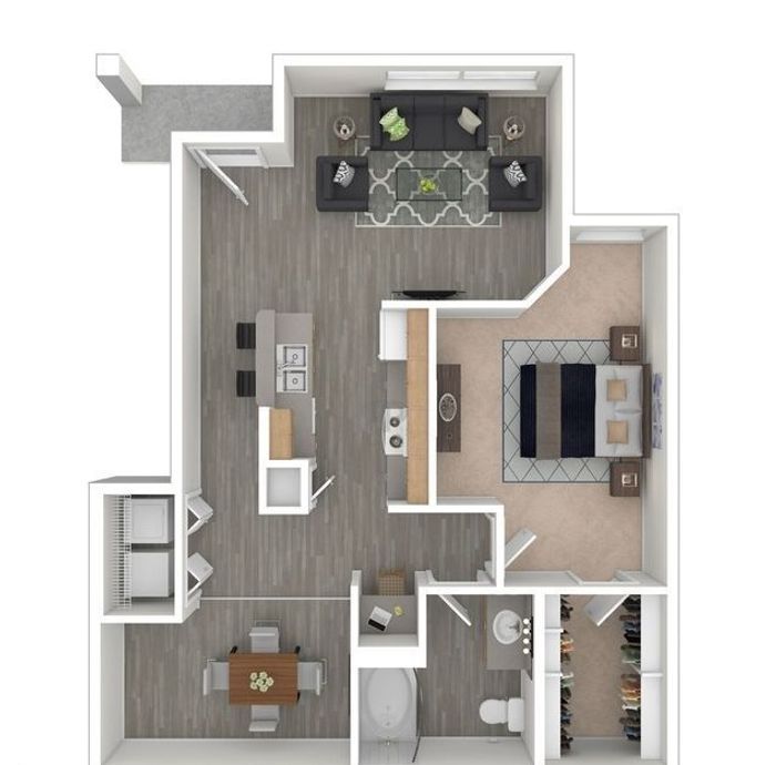 Contemporary floor plan featuring a spacious bedroom, modern kitchen, open living area, and dining space.