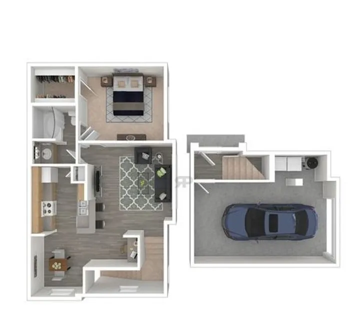 Charming 2D floor plan showcasing a cozy 1-bedroom layout with a modern kitchen, inviting living area, and attached garage.