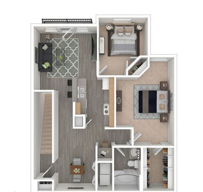 Modern floor plan showcasing 2 bedrooms, an elegant living room, and a sleek kitchen with stylish finishes.