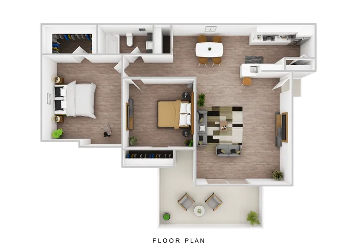 Contemporary 2D floor plan showcasing 2 bedrooms, a cozy living room, an elegant dining area, a modern kitchen, and a private balcony.