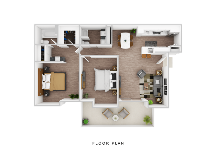 Modern 3D floor plan showcasing 2 stylish bedrooms, an inviting living room, and a chic open-concept kitchen. Includes dining area and spacious balcony for comfortable living.