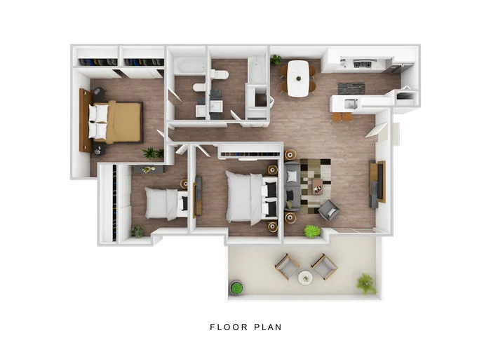 Chic 3D floor plan displaying a modern 3-bedroom apartment with a stylish open-concept living area, sleek kitchen, and a cozy outdoor patio.