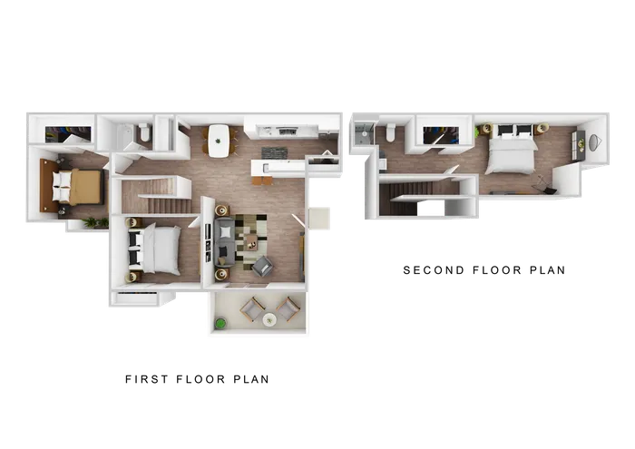 Modern 3D floor plan showcasing a spacious three-bedroom layout with open-concept living and dining area, a sleek kitchen, two bathrooms, and cozy patio.