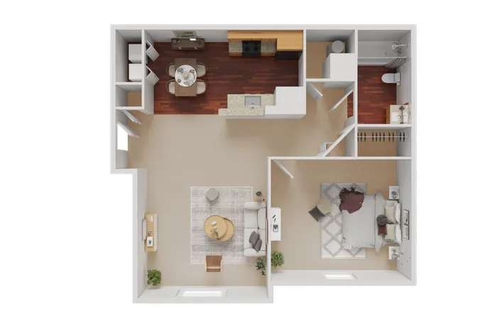 Modern 1-bedroom apartment floor plan with an open living space, cozy bedroom, and well-equipped kitchen.
