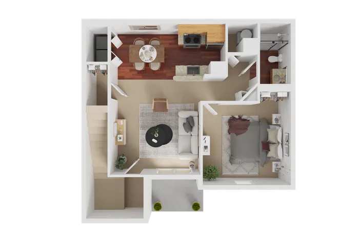 Inviting floor plan showcasing an open living area, modern kitchen, cozy bedroom, and stylish bathroom with elegant design.