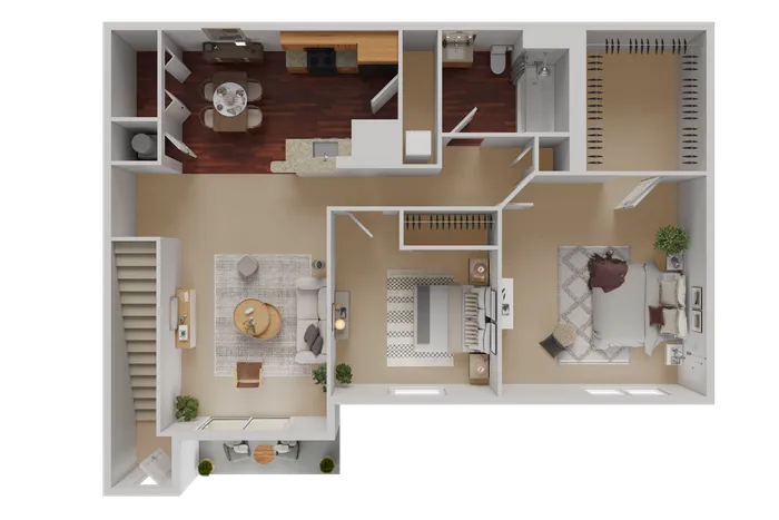 Modern 3D floor plan showcasing a chic 2-bedroom layout with an open living area, sleek kitchen, and elegant dining space, ideal for comfortable living and entertaining.