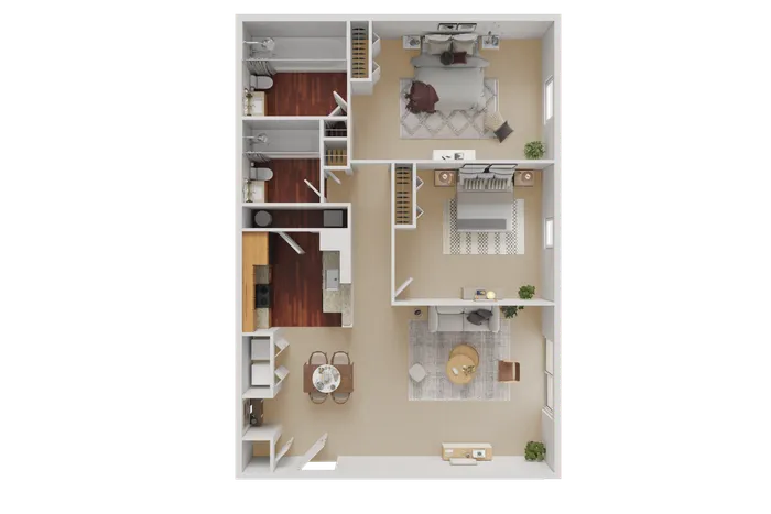 Elegant 2-bedroom apartment floor plan featuring modern kitchen, cozy living room, and two stylish bathrooms for comfortable living.