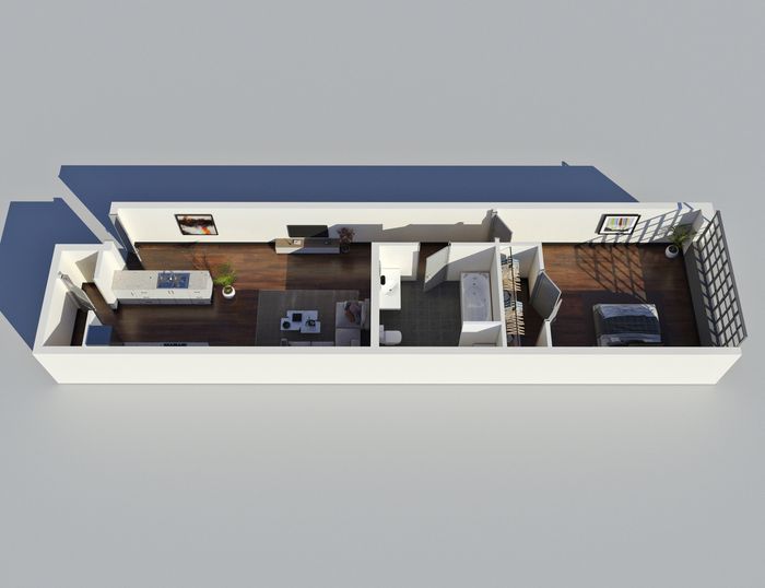 Modern 3D floor plan showcasing a sleek one-bedroom apartment with integrated living, dining, and kitchen areas, featuring elegant hardwood flooring and stylish decor.
