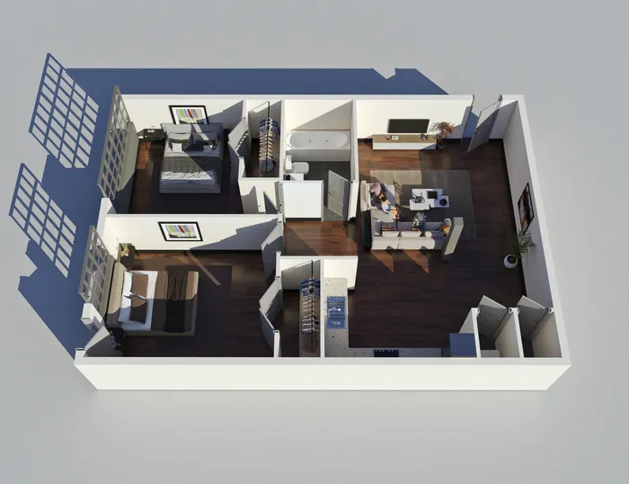 Elegant 3D apartment layout showcasing 2 spacious bedrooms, a modern bathroom, and an open living area with rich wood flooring.