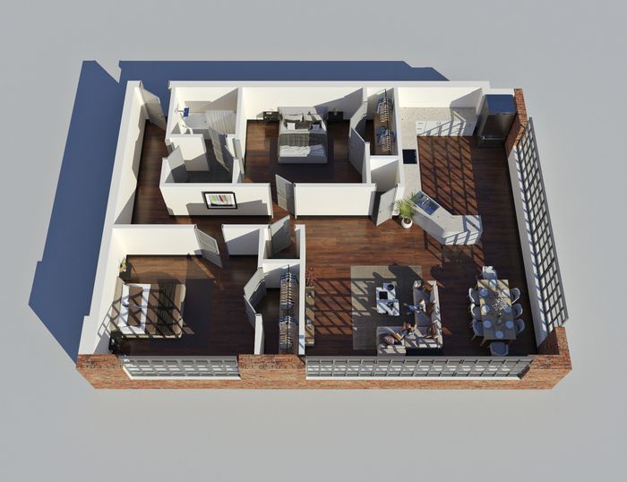Chic 3D floor plan showcasing 2 bedrooms, spacious living and dining areas with large windows, and a modern kitchen with an island.