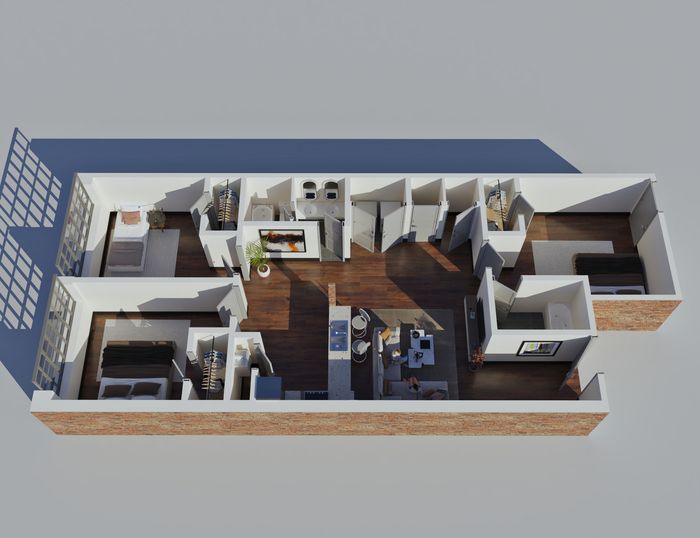 Modern 3D floor plan showcasing a stylish apartment with three bedrooms, a cozy living area, and a sleek kitchen featuring an island and elegant wood flooring.