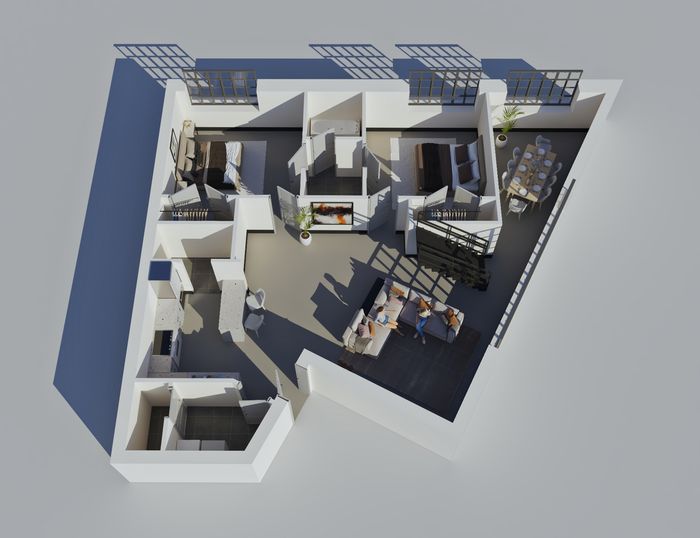 Modern 3D apartment layout with two bedrooms, open living area, stylish kitchen, and cozy dining space. Optimized natural light through large windows, perfect for contemporary living.