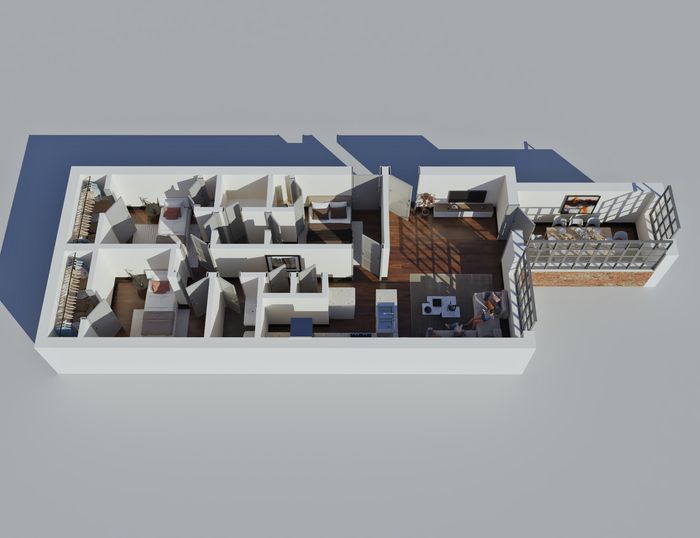 Contemporary 3D floor plan showcasing three bedrooms, a bright living area, sleek modern kitchen, and expansive dining space with large windows.