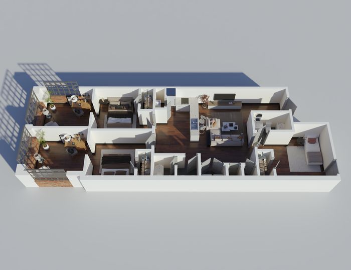 Modern 3D apartment layout showcasing a well-designed open-concept living space with two cozy bedrooms, chic living area, and a stylish kitchen.