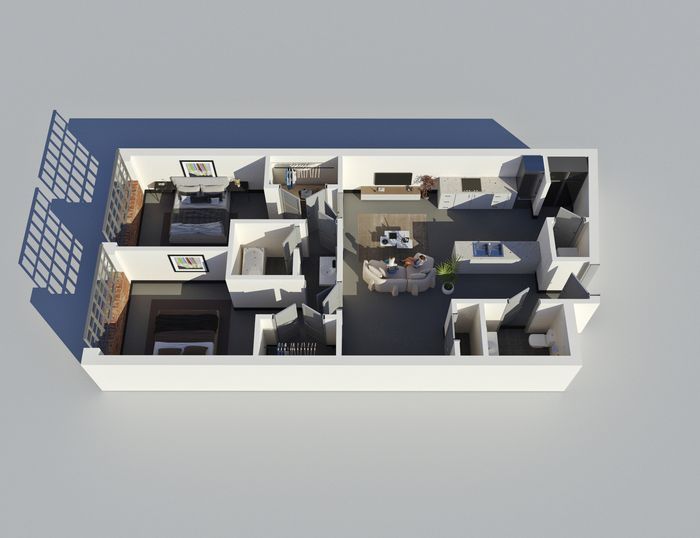 Inviting 3D floor plan showcasing a modern apartment with two bedrooms, an elegant open-plan living and kitchen area, and stylish interiors.