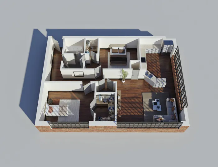 Modern 3D floor plan showcasing a stylish 2-bedroom apartment with an open-concept living area, sleek kitchen, and ample natural light.