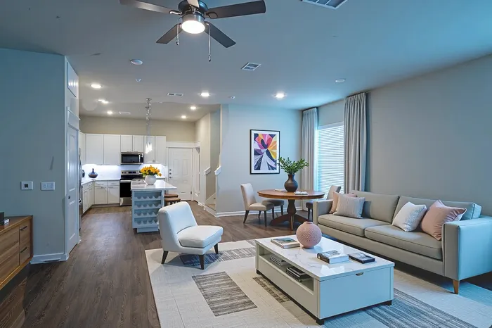 Modern open-concept living area featuring a cozy living room with elegant sofa, stylish dining set, and contemporary kitchen with sleek cabinetry and warm lighting.