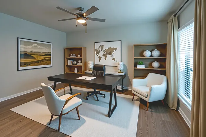 Elegant home office with a sleek black desk, modern decor, and ample natural light from large windows, perfect for inspiration and productivity.