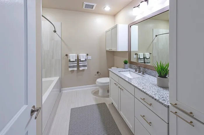 Elegant and modern bathroom featuring granite countertops, sleek white cabinetry, and a spacious tub, perfect for relaxation.