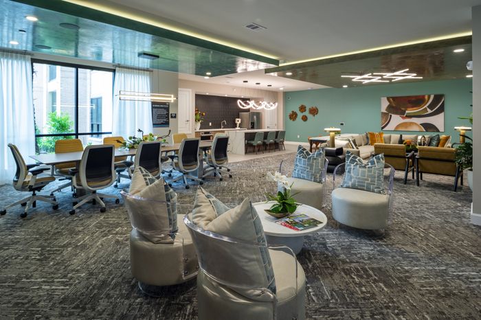 Luxurious community lounge with modern seating, chic decor, and a spacious co-working area, bathed in natural light.