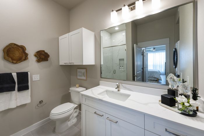 Elegant bathroom design featuring a sleek vanity, modern lighting, and a glimpse into a cozy bedroom with natural light.