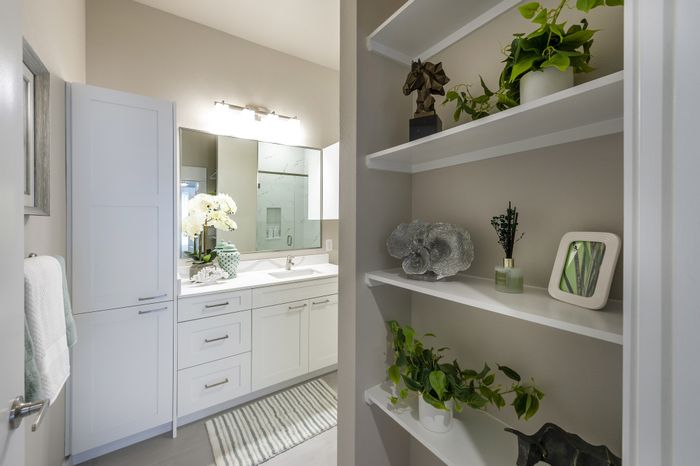 Elegant bathroom with chic white vanity, modern fixtures, and beautifully styled open shelving adorned with lush green plants and decorative accents.