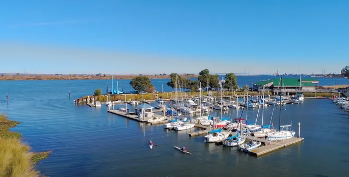 Breathtaking waterfront view of a serene marina filled with elegant sailboats and kayakers, set against a clear blue sky.