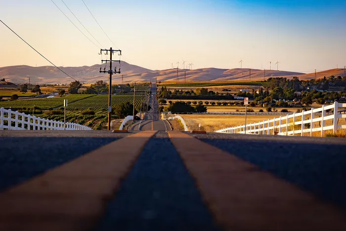 Scenic countryside view with winding road, vineyards, and rolling hills under a clear sky at sunset.