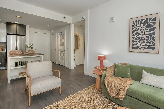 Contemporary apartment living room showcasing a chic open layout with stylish furniture, cozy green sofa, elegant wooden accents, and a modern kitchen area with sleek appliances.