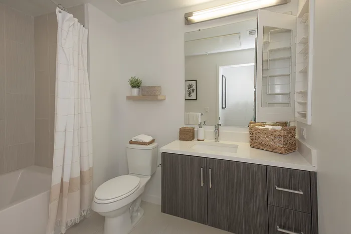 Modern bathroom with sleek vanity, elegant lighting, and stylish shower area, perfect for a contemporary lifestyle.