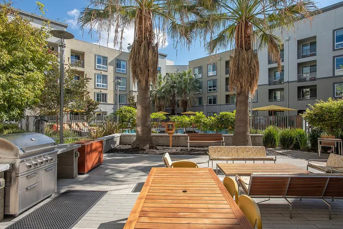 Charming outdoor apartment courtyard with palm trees, modern seating, and a stainless steel BBQ grill under a sunny sky.