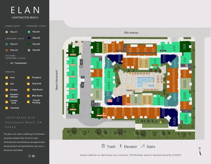 Elan Huntington Beach vibrant site plan showcases a diverse range of apartment layouts, including studio, one, and two-bedroom options, surrounded by lush greenery and amenities like a pool, spa, and outdoor kitchen.