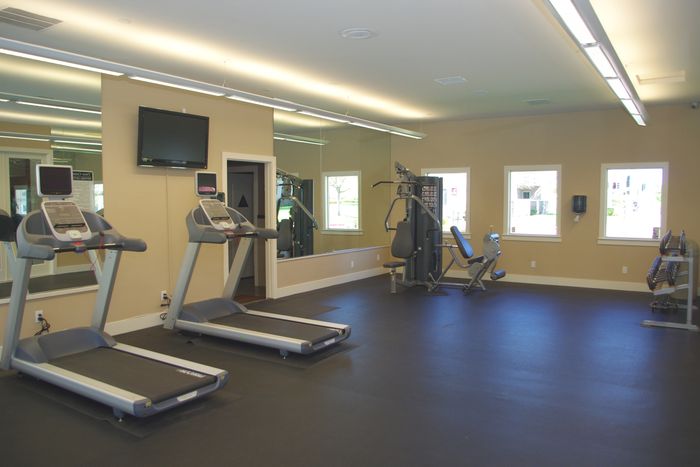 Twin Creeks fitness center with treadmills, strength training equipment, and a wall-mounted TV.