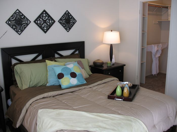 Twin Creeks apartment bedroom with a queen bed, bedside lamp, and a spacious walk-in closet.