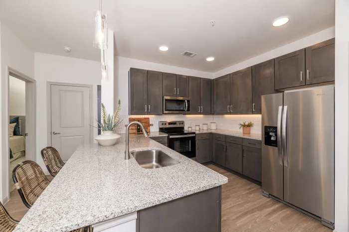 Modern kitchen with sleek granite countertops, stainless steel appliances, chic dark cabinetry, and elegant pendant lighting.